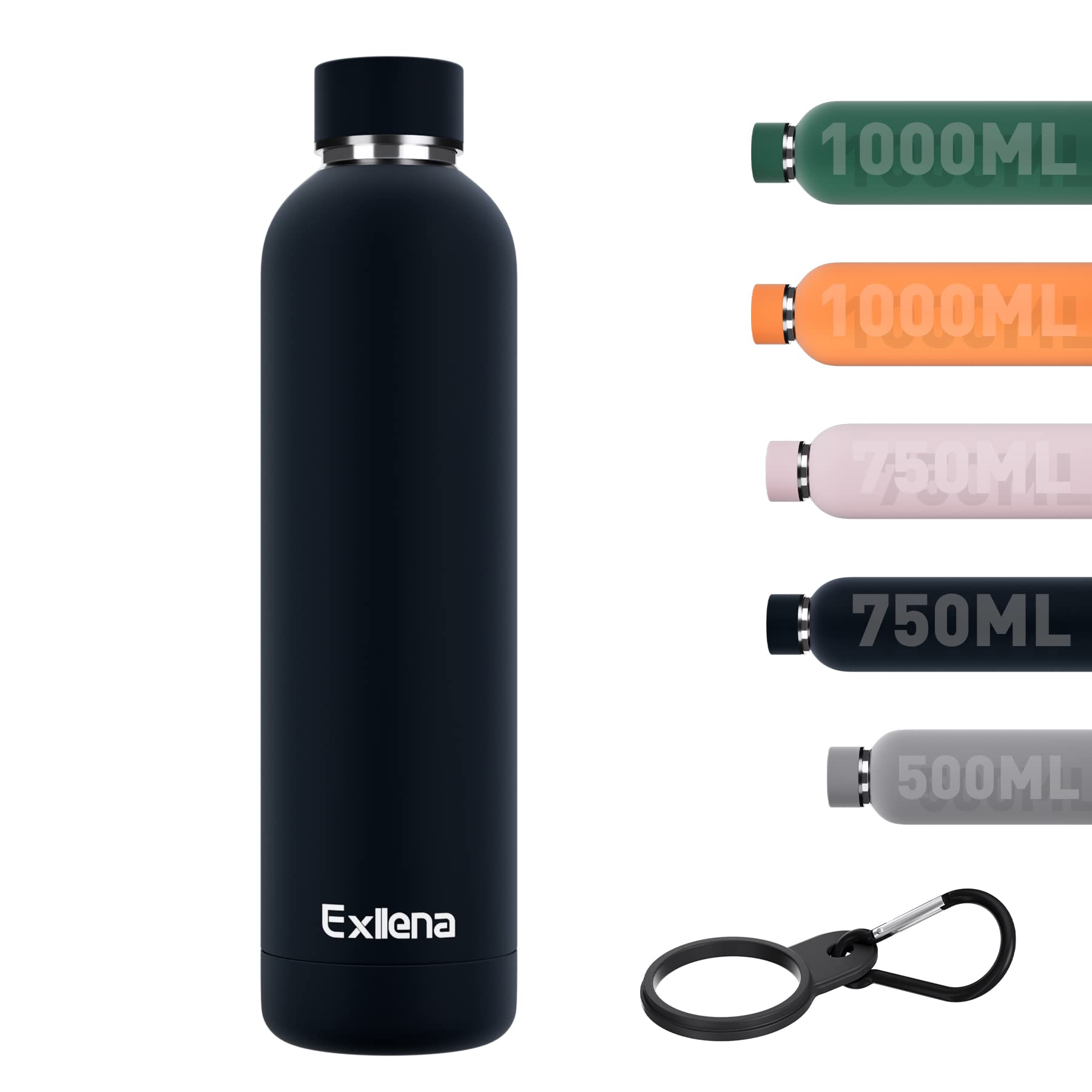Exllena Insulated Black Water Bottles 1l with Clip, Double Wall Vacuum Drinks Bottle Keeps Drinks Cold 24 Hrs/Hot 12 Hrs, Stainless Steel Water Bottle BPA Free — image 1