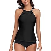 WOWENY Womens Swim Tankini Tops High Neck Bathing Suit Slim Fit Swim Tops UPF 50+ Tummy Control Swimsuits No Bottom