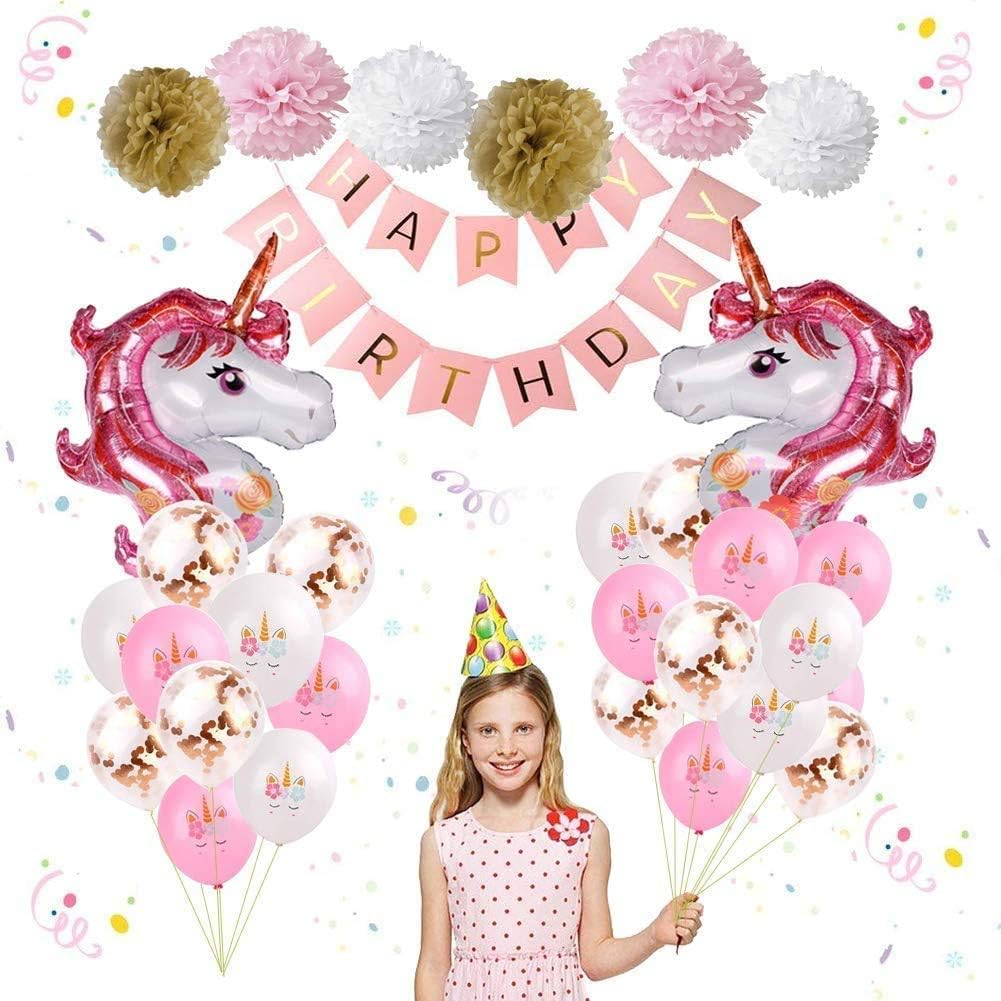 IEONGI Unicorn Birthday Party Decorations, Supplies Kit Set of 25 Included Rose Gold Confetti Pink Happy Birthday Banner Paper Pom for Baby Shower