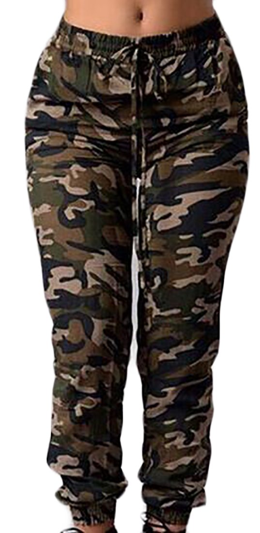 Macondoo Women's Camouflage Print Athletic Mid Waist Cargo Jogger Pant Army Green L