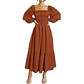 Dokotoo Womens Off Shoulder Dresses Puff Long Sleeve Ruffle Elastic Waist A-Line Casual Maxi Dress