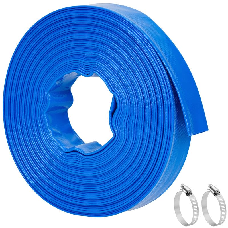 Photo 1 of 1.5 IN x 100 FT Pool Backwash Hose - Heavy Duty Reinforced Flat PVC Sump Pump Hose for Swimming Pools Pump Discharge & Filter Drainage,Weather and Burst Resistant with Clamp (Blue)