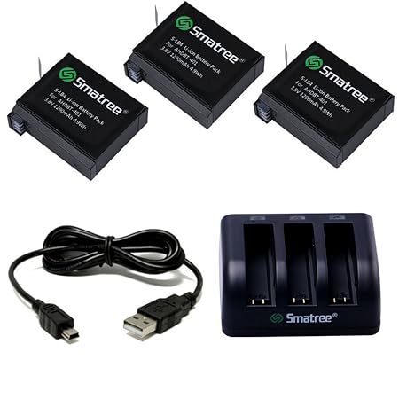 Smatree® 1290 mAh Ersatzakku (3er-Pack) + 3-Kanal Ladegerät + USB-Kabel für Gopro Hero 4 Kamera Camcorder