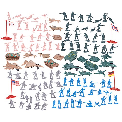 124 Military Figures and Accessories - Toy Army Soldiers in 4 Colors, World War II Playset with 4 Flags, Planes, and Tanks