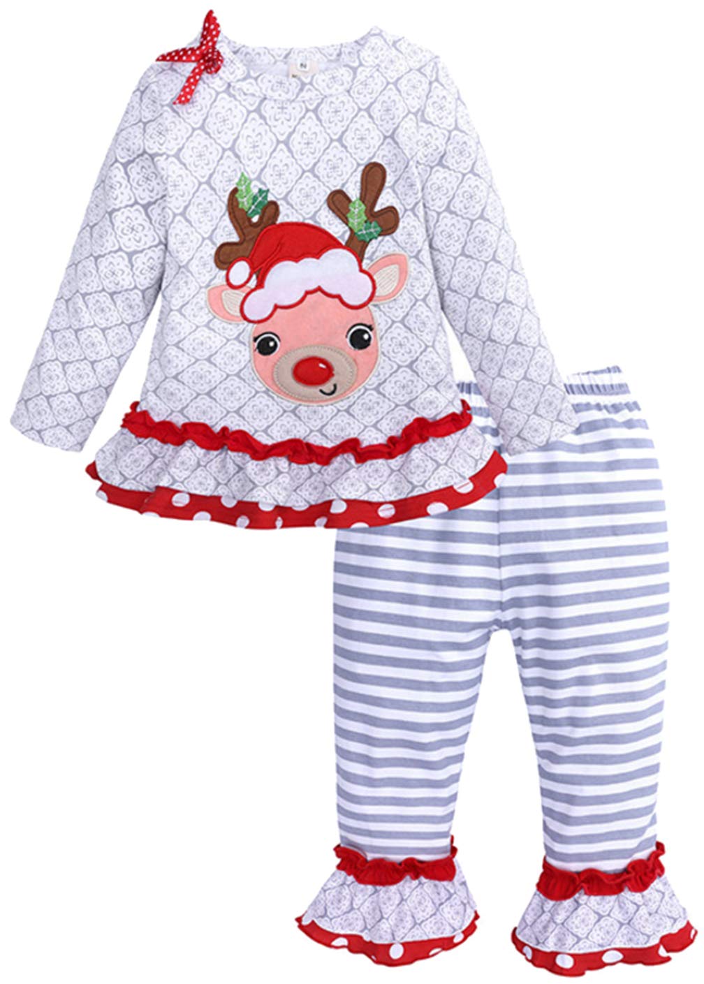 UNIQUEONE 2PCS Toddler Baby Girls Christmas Outfits Cartoon Deer Long Sleeve Top Pants Set
