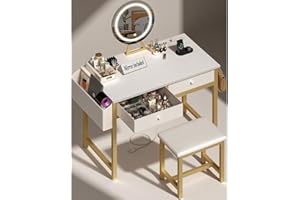 KAI-ROAD Makeup Vanity Desk with Mirror and Lights - Girls White and Gold Vanity Table Set with Chair, Fabric Drawers, Power Outlet, Small Modern Make Up Dressing Table for Bedroom