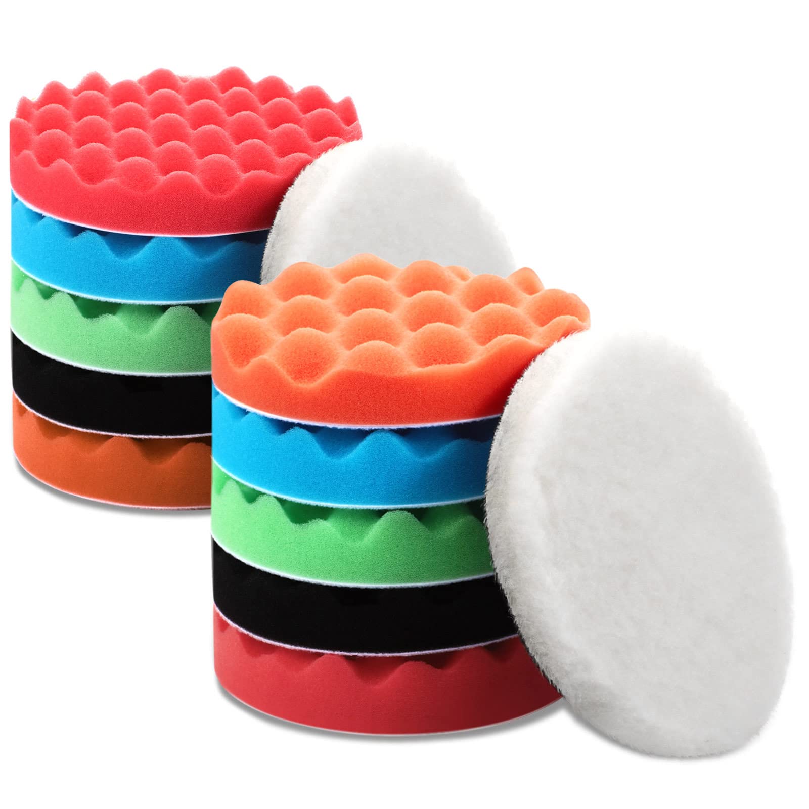 6 Inch Waffle Foam and Wool Polishing Pads Set, Waffle Foam Buffing Pads and Wool Grip Pads for Car Polisher Boat Polishing (12 Pieces)