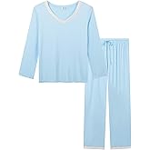 Joyaria Womens Pajamas Set Bamboo Viscose Pjs Ladies Long Sleeve Menopause Loungewear with Pants(Light Blue, XXL)