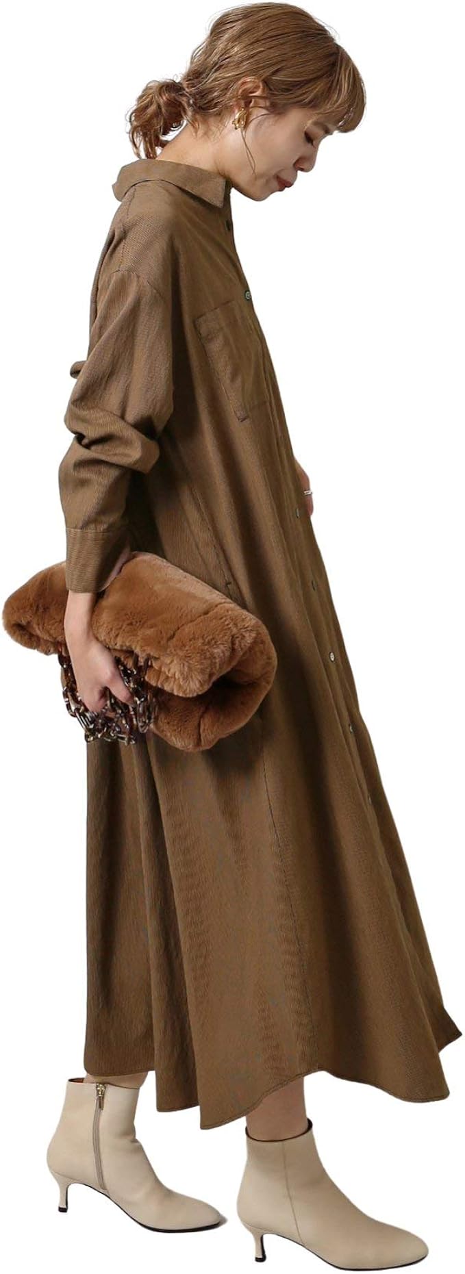 Amazon スピック アンド スパン Emmetex ストライプシャツワンピース フリー ブラウン ワンピース チュニック 通販