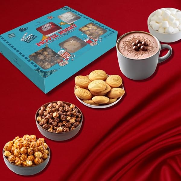 MOVIE NIGHT HAMPER SNACK BOX, MOVIE NIGHT SNACKS, KIDS SWEETS SWEETS GIFT BOX WITH CHOCOLATES, HOT CHOCOLATE, MINI MARSHMALLOWS, CHOCOLATE & CARAMEL POPCORN, BUTTER BISCUITS, GIFTS FOR HER |WOMEN |HIM