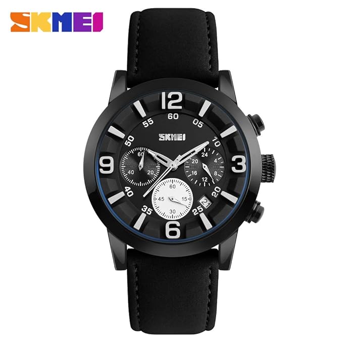 Definder Mens Quartz Analog Sports Wrist Watches with Timer Genuine Leather Strap Waterproof Watches (Black White)