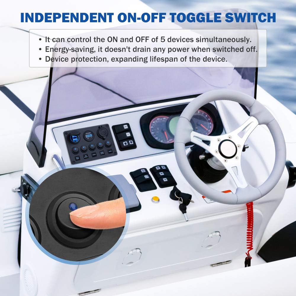 Electop 5 Gang Rocker Switch Panel, Toggle Switches/4.2A Dual USB Socket Charger/LED Voltmeter/12V Power Outlet Aluminum Panel Mount with 15A Fuses Pre-wired Waterproof for Car Boat Truck Marine RV: Automotive
