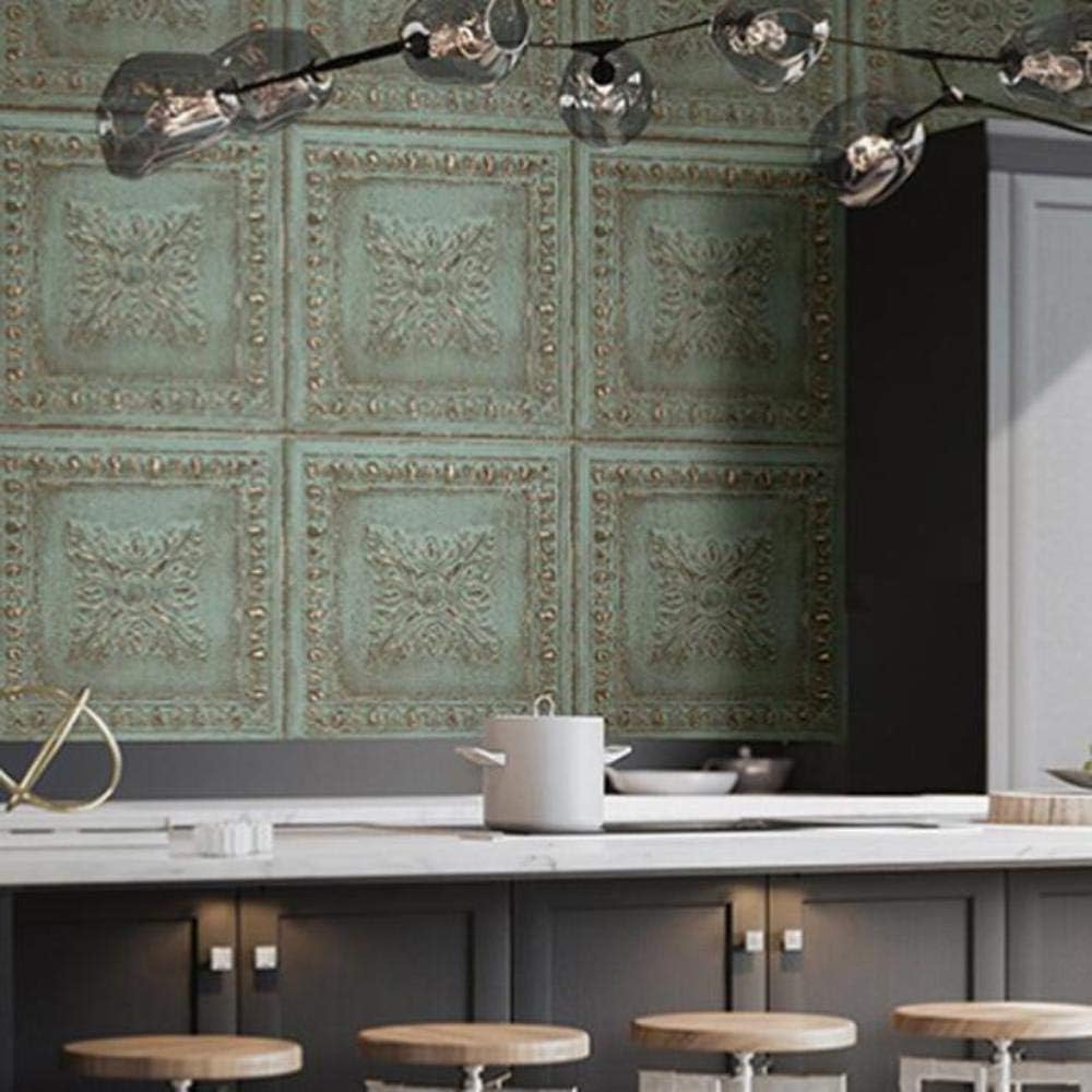 Powder Coated Tin Tile Effect Wallpaper | Aqua Green & Metallic Copper/Brass
