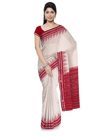 Odisha handloom Sambalpuri Handloom Womens Cotton Saree (Beige & Red)