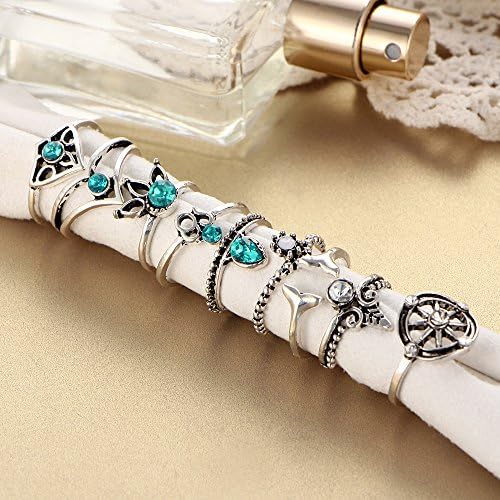 Setita 9 Pieces Turkish Retro Rudder Leaf Light-purple Stone Joint Knuckle Nail Midi Ring Set Boho Ring Set (Rudder Type 1 - 9pcs Ancient Silver)