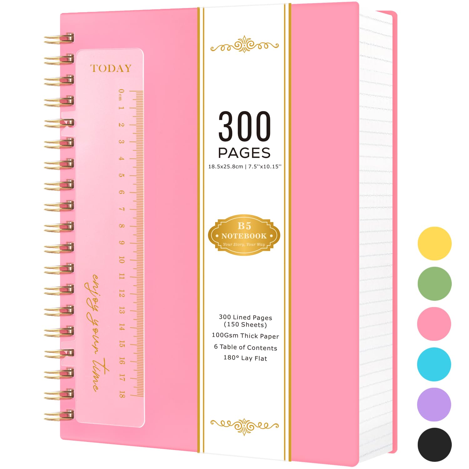 NIRMIRO Notebook Notepad B5, 18.5 x 25.8cm, Spiral Notebooks Journal Wirebound Note Books for Women/Men, 300 Pages/150 Sheets 100GSM Lined Paper, PVC Waterproof Cover,Pink