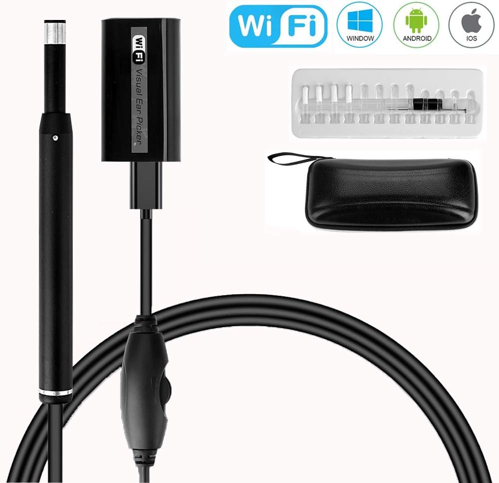 WiFi USB Digital Otoscope Endoscope Carrying Bag HD Handheld Ear Scope Canal Cleaning Wax Removal Tool Portable Inspection Camera 6 LEDs Set Kit for IOS Android Windows (Black)