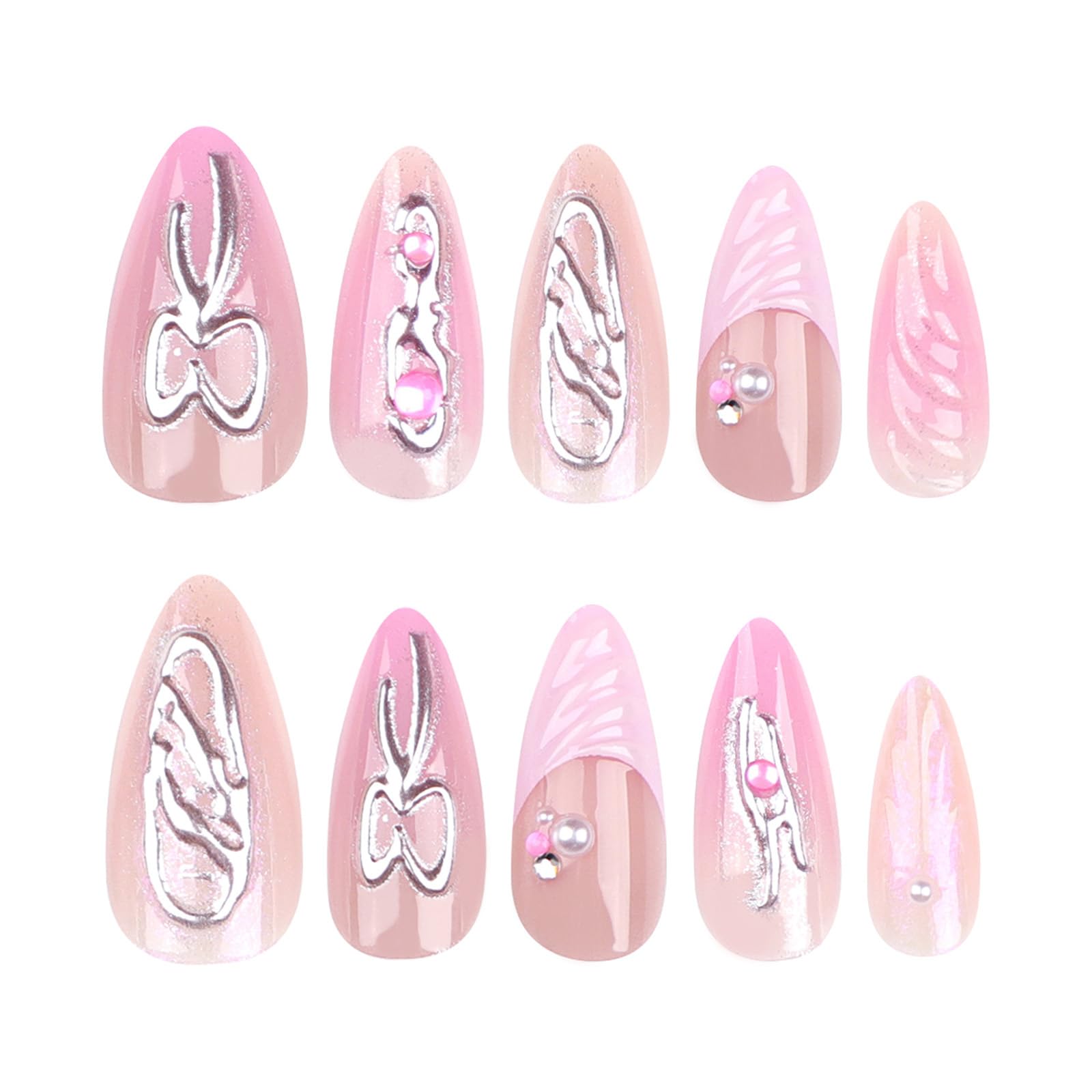LPOODDNU Handmade Press on Almond Shape Fake Nails - 3D Pink Glue on Nails with Bow-knot Charm Pearl Designs - Glossy Pink False Nails - Cute Stick on Nails - Medium Length for Women, 24Pcs - Image 5
