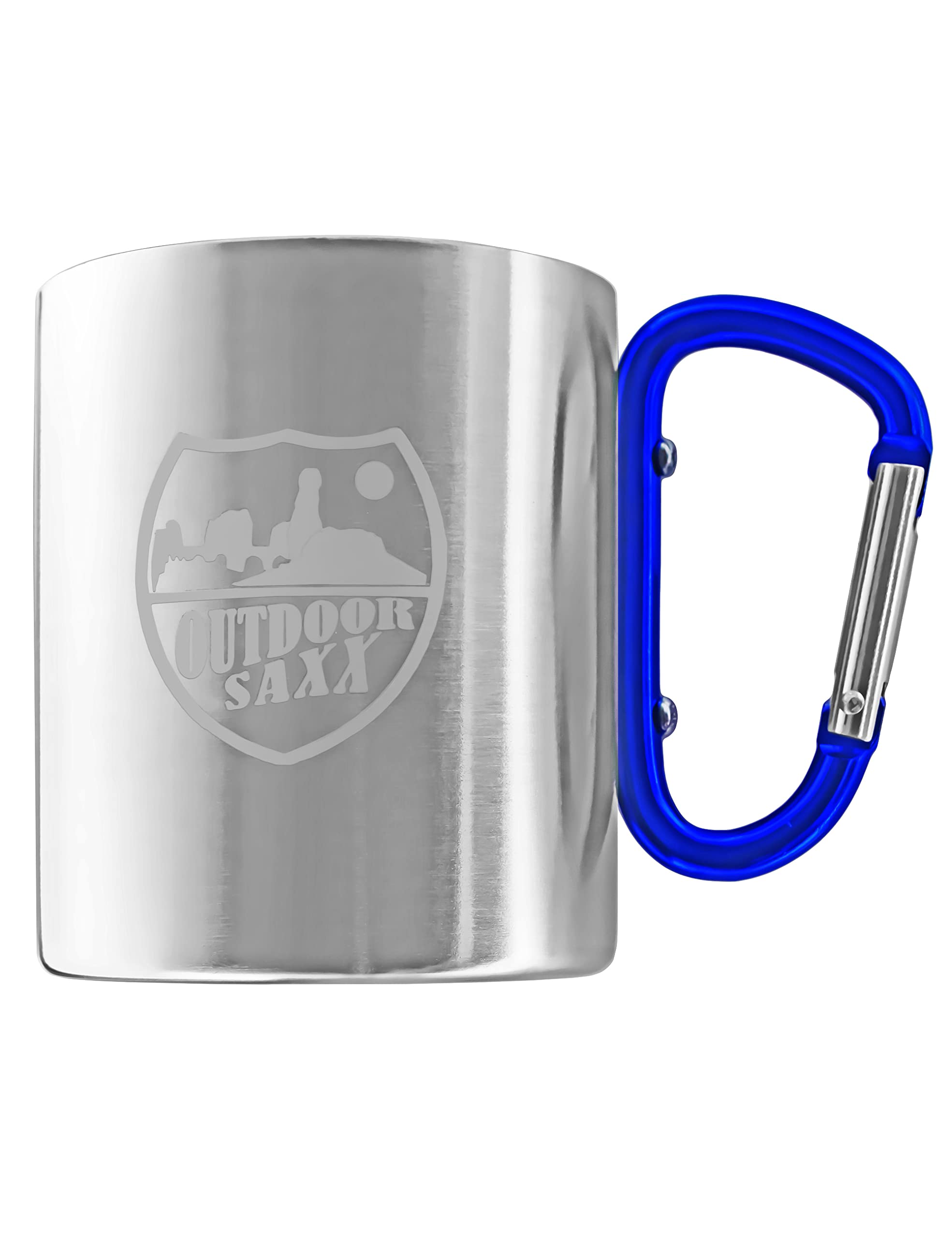 OUTDOOR SAXX Stainless Steel Mug with Carabiner Handle and Laser Engraving (Blue)