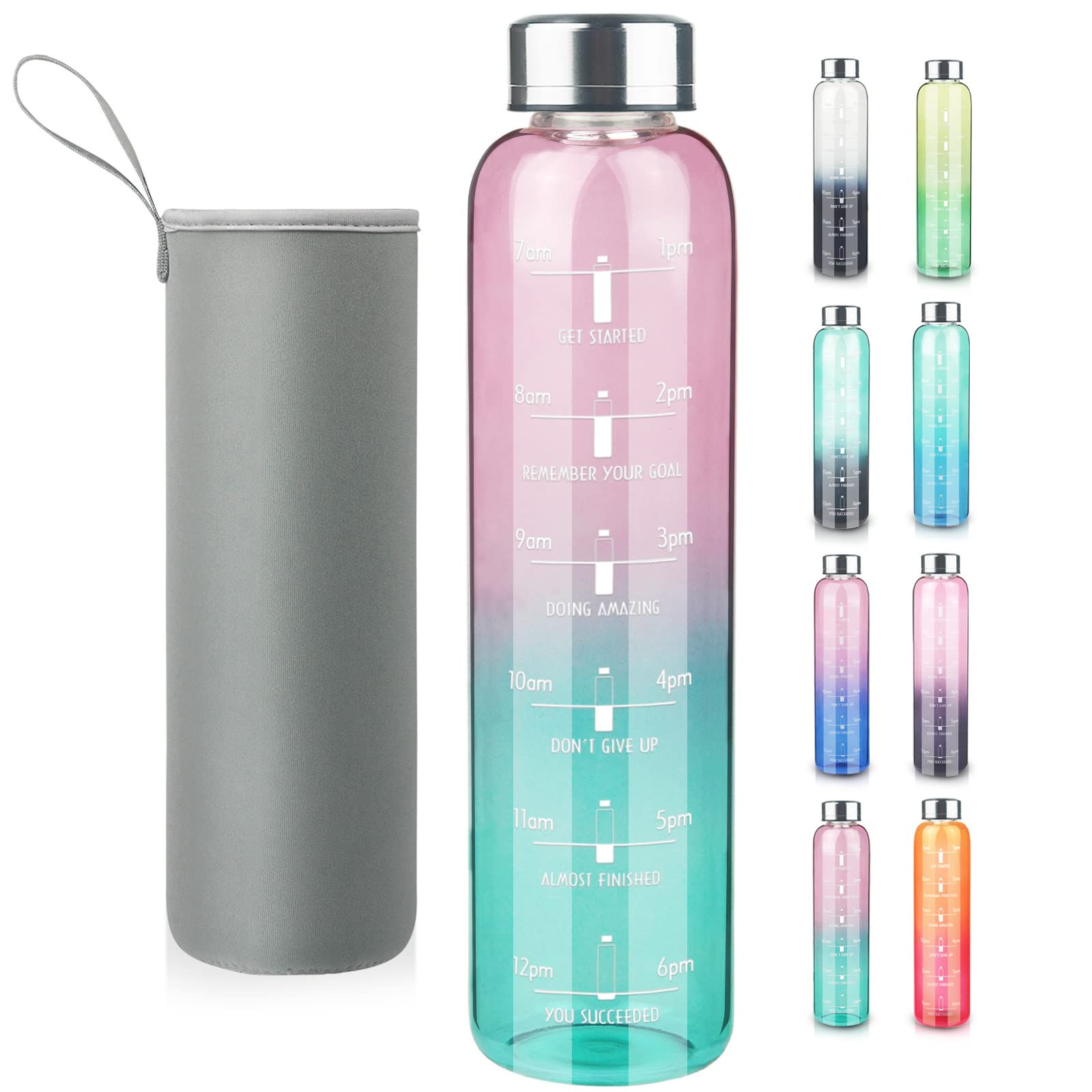 SHBRIFA Motivational Glass Water Bottle 1l with Time Marker, Borosilicate Glass Drinking Bottle 1 Litre for Hot or Cold Beverages, Leak-Proof, BPA Free (Gradient pink/green)