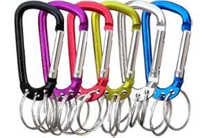Carabiner Clip Keychain Aluminum Alloy D Shape Multifunction Clip Hook with 3 Key Rings 6 Pack