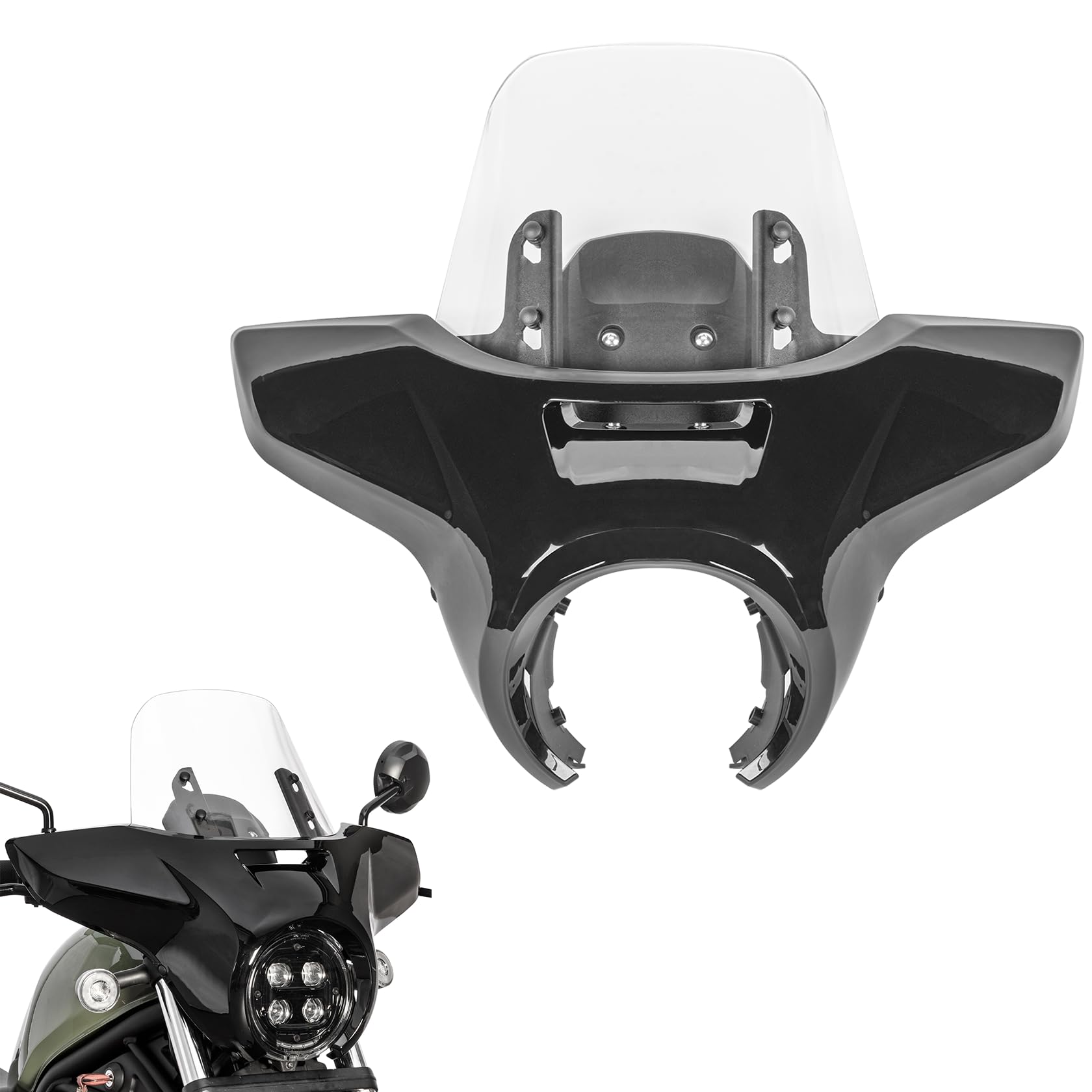 Photo 1 of Motorcycle Front Headlight Fairing Cowl with Windshield Deflector Compatible with Rebel 500 CMX 500 2017-2025 Rebel CMX 300 2020-2025 Windscreen Visor,Glossy Black+Transparent