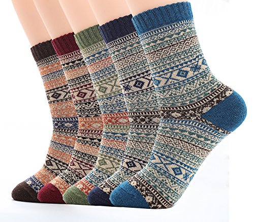 Ueither Mens/Womens 5 Pairs Vintage Style Thick Knitting Wool Warm Winter Fall Crew Socks (Shoe Size:6-11)