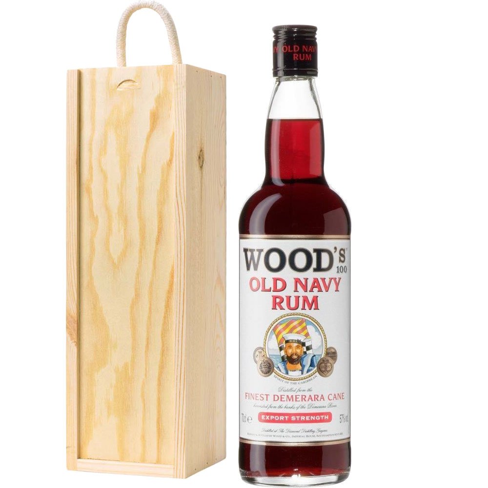 Woods Navy Rum in Pine Wood Gift Box with Hand Crafted Gifts2Drink Tag