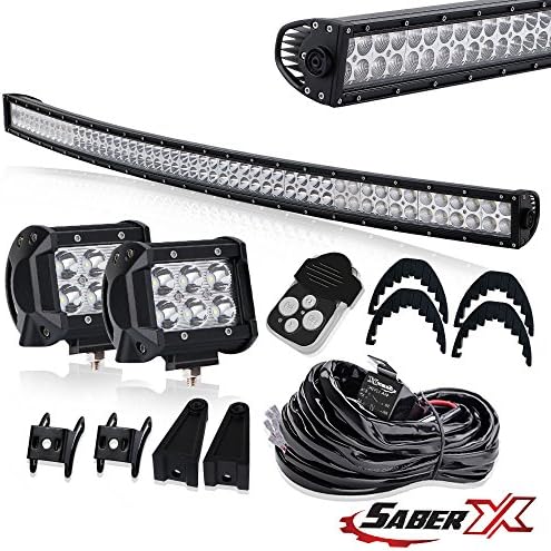 SABER X Curved 54" IN Led Light Bar 4" Cube Pods Off Road Driving Lights Fog Lamps with Toggle Switch Remote Relay Wiring Harness Rubber Isolator fit Jeep GMC Yukon Chevy Tahoe Dodge Ram Polaris Ford