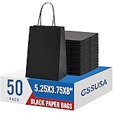 GSSUSA 5.25x3.75x8 50Pcs Black Gift Bags with Handles,Small Gift Bags Craft Bags for Small Business, Black Goodie Bag,Sturdy Kraft Paper Bag, Retail Shopping