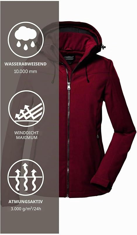 Damen Softshelljacke Softshell Jacke mit abzippbarer Kapuze Damen Softshelljacke wasserabweisend, Winddicht, atmungsaktiv 00424-dunkelrose 38