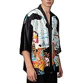 VOGMATE Men's Kimono Robe Silky Lightweight Jackets Japanese Cardigan Bathrobe Top Open Front Seven Sleeve Yukata