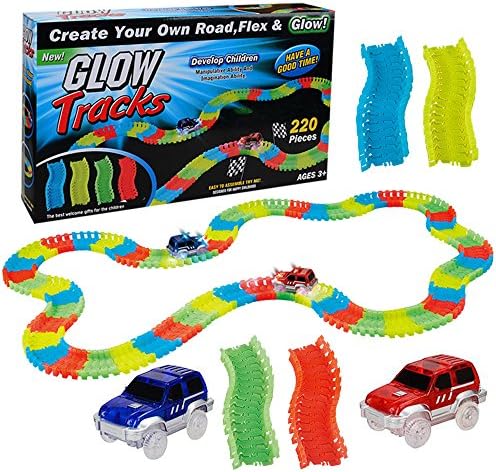 220 Pieces DIY Puzzle Race Rail Tracks, Flexible Bendable Dark Glow, Assembling Twister Toy Set with 2 LED Flashing Headlights Cars, Best for Kids Birthday Christmas Gift