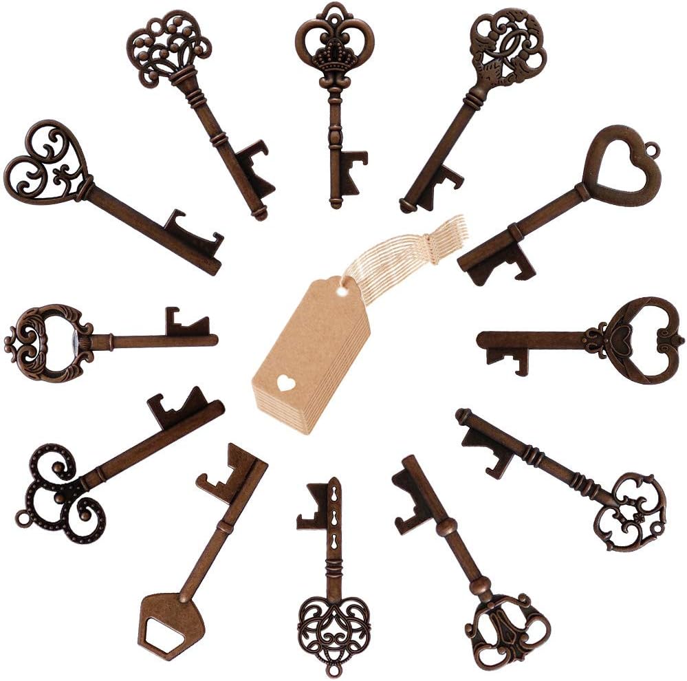 12 PCS Key Beer Bottle Openers, 12 Styles Assorted Vintage Skeleton Wedding Party Favors Key Bottle Opener with Escort Tag Kraft Card