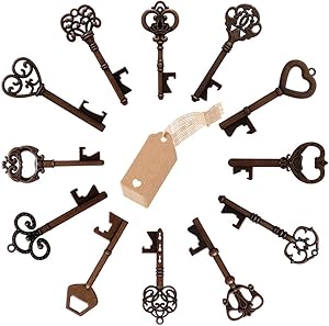 12 PCS Key Beer Bottle Openers, 12 Styles Assorted Vintage Skeleton Wedding Party Favors Key Bottle Opener with Escort Tag Kraft Card