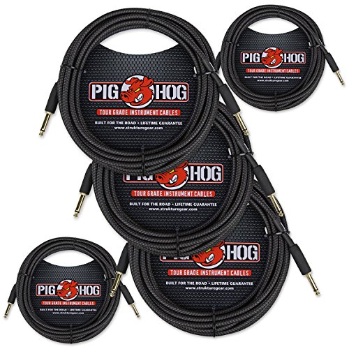 Pig Hog PCH20BK "Black Woven" Instrument Cable, 20ft. Right Angle - 5 Pack