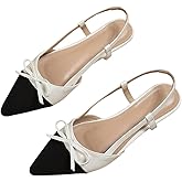 OYOANGLE Women's Color Block Bow Pointed Toe Slingback Flat Sandals Work Office Dressy Shoes