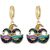 coadipress Mardi Gras Earrings Hoops for Women Dainty Fleur De Lis Feather Mask Crown Jester Hat Hoop Earrings Carnival Dangling Earrings Fat Tuesday Jewelry Accessories