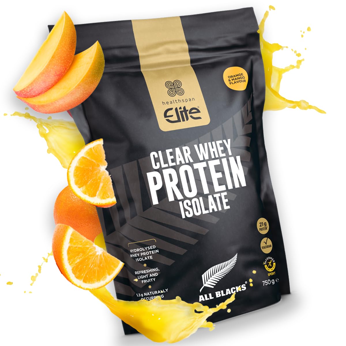 Healthspan Elite All Blacks Clear Whey Protein Isolate (750g) | Muscle Growth | 21g hydrolysed whey Protein Isolate per Serving | Amino Acid Complex with 5.3g BCAAs | Vegetarian (Orange & Mango)