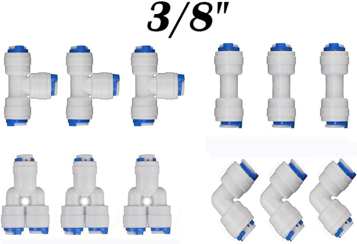 Neeshow 3/8" OD Quick Connect Push In to Connect Water Tube Fitting for Reverse Osmosis Systems and Water Filters Set Of 12 (Y+T+I+L Type Combo)