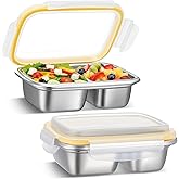 Blushtier 2 Pack Stainless Steel Snack Containers, 550ml Dual Section (Non Sealed Divider), Leak Resistant Lids for Dry Foods, 304 Stainless Steel, Reusable Food Storage for Office, School, Travel