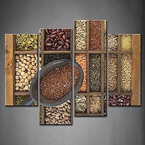 TMD Shop 4 Panel Wall Art Brown Scoop Of Red Quinoa And A Variety Of Beans Grain Seeds In Old Wooden Painting The Picture Print On Canvas Fruit Pictures For Home Decor Decoration Gift piece