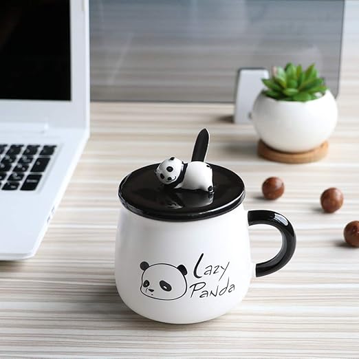 Satyam Kraft Lazy Panda Ceramic Mug with Lid and Spoon - 1 Piece, Random Design, 300 ml