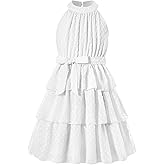 Move Dance Girls Halter Neck Dress Summer Flared A-Line Swiss Dot Chiffon Sundress 6-13 Years Old