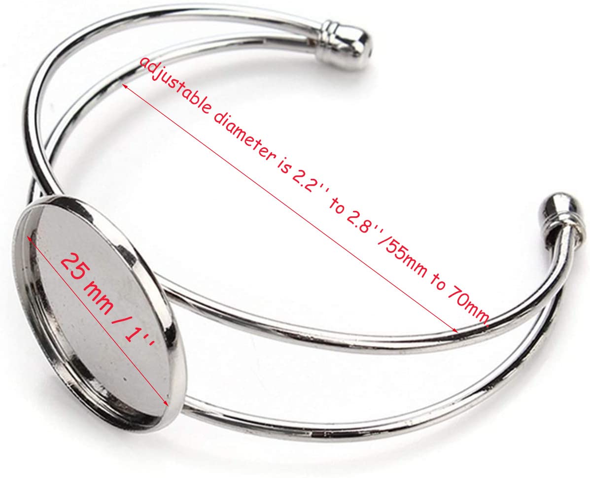 MIAO JIN 10 Pcs 25 mm Adjustable Round Cabochon Bezel Tray Blank Bangle for Crafting DIY Bracelets Making(Silver)