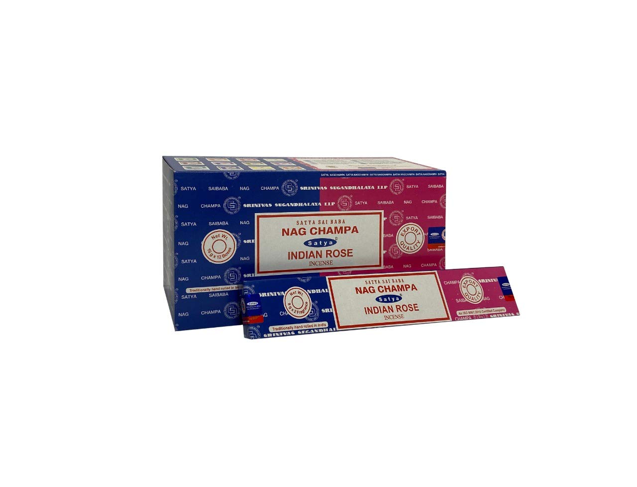 Satya 01323 Nag Champa & Indian Rose Combo Set of Incense Sticks, 12 Packs x 16g, One Size, multicolor