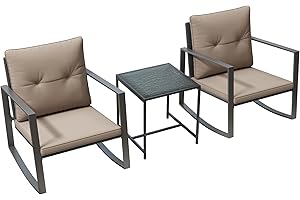Pyramid Home Decor 3 Piece Rocking Bistro Set - Synthetic Wicker Outdoor Furniture - Glass Coffee Table with 2 Chairs for Balcony, Patio & Porch - Black Metal, Soft Cushions (Coffee)
