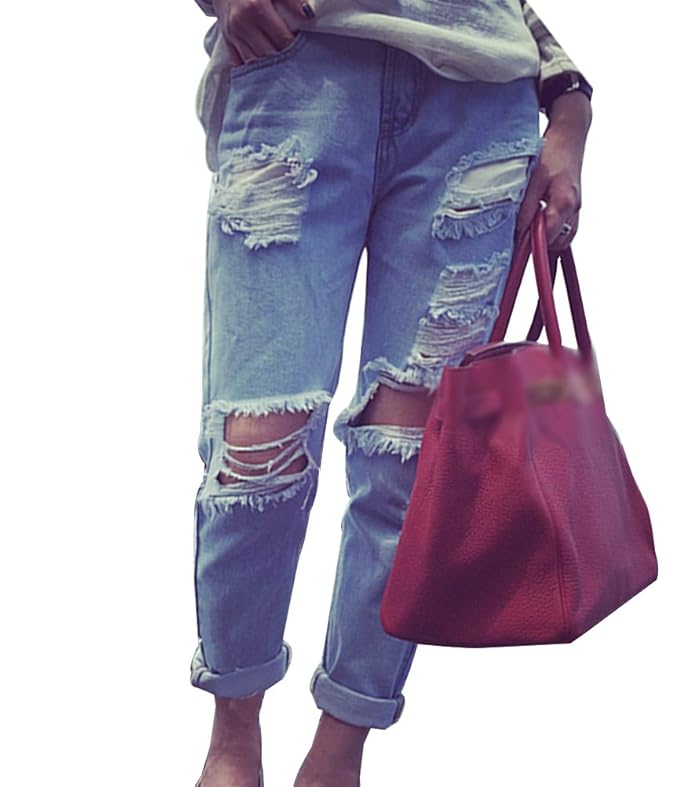 Guiran Damen Boyfriend Ripped Jeans Zerrissen Jeanshose mit Löcher Basic Denim Hosen