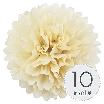 Simplydeko Pompoms Ivory - Pom Pom Deko zur Hochzeit oder Party - 10er Set handgefertigte Seidenpapier Pompons (Ivory Elfenbe