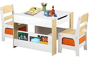 Kinder King Kids Wood Table & 2 Chairs Set, 4 in 1 Children Activity Table w/Double Bookcase, Blackboard, Toddler Furniture Set for Art, Crafts, Drawing, Reading, Playroom, Natural